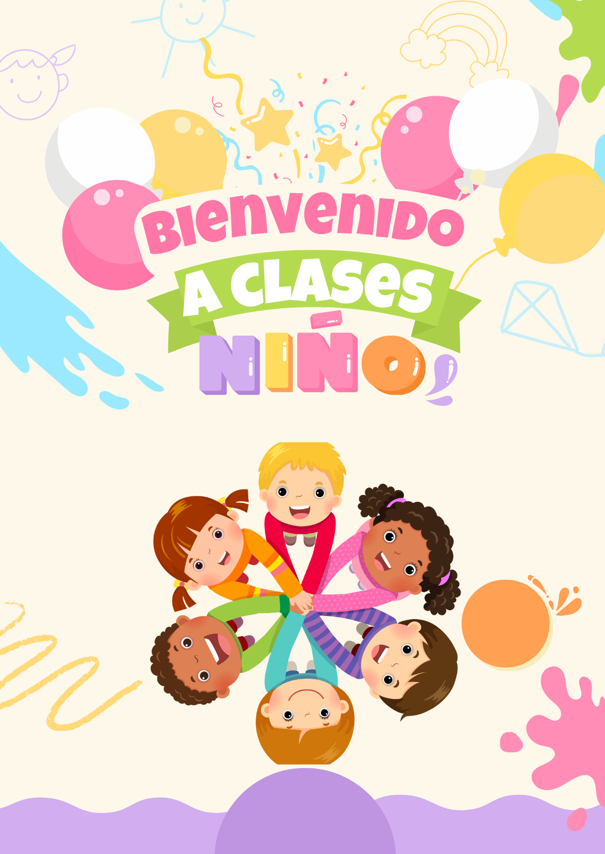 niños vestidos de diferentes colores y con palabras de bienvenida 